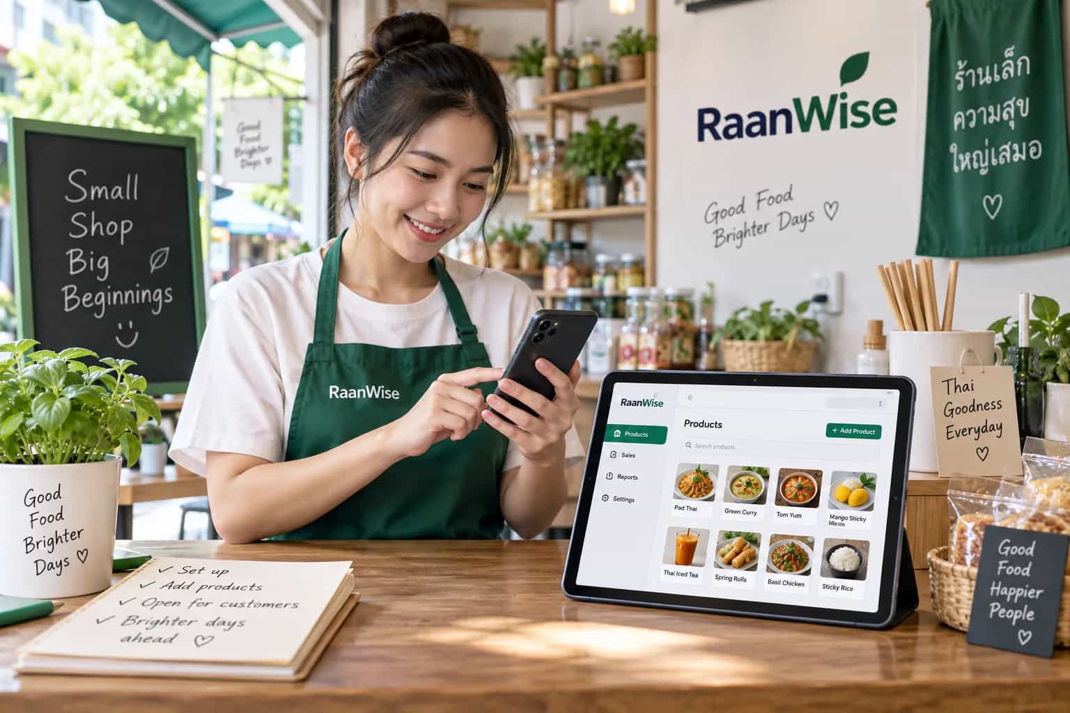 ภาพจำลองร้านเล็กเริ่มใช้ RaanWise POS ด้วยมือถือและแท็บเล็ตที่มีอยู่