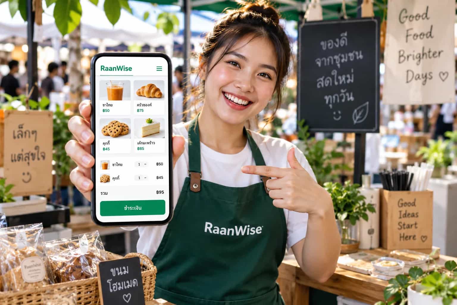 ภาพจำลองเจ้าของร้านตลาดใช้ RaanWise POS บนมือถือ