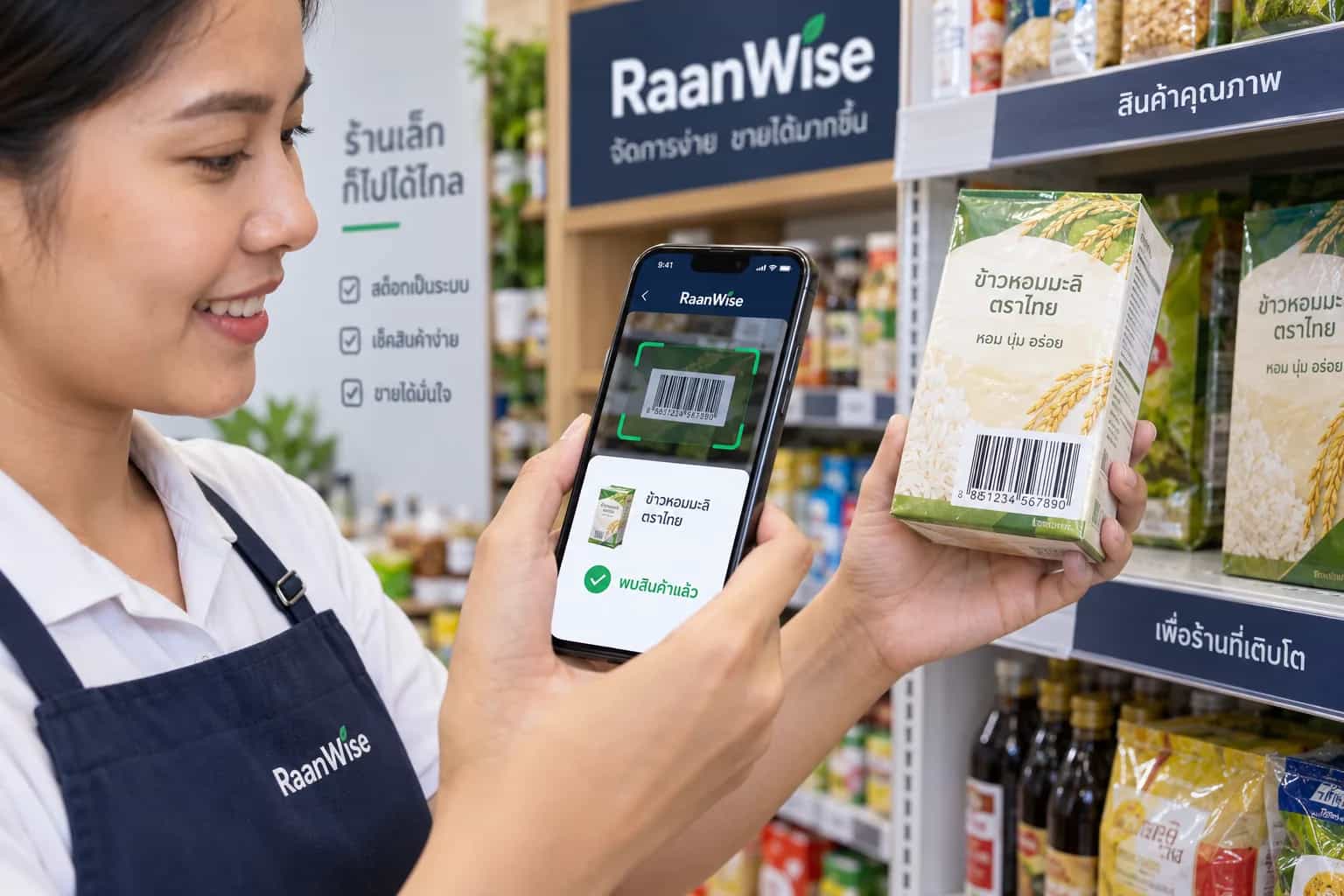 ภาพจำลองการใช้กล้องมือถือสแกนบาร์โค้ดสินค้าใน RaanWise